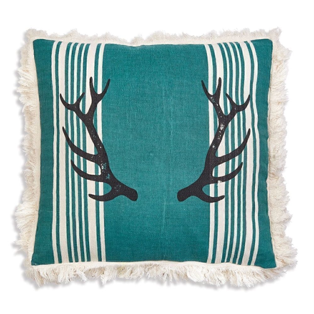 NEW! Deer Antler Fringed Throw Pillow Large Teal Cotton Cabin Lodge Rustic